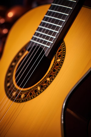 Acoustic guitar close-up. Selective focus. Shallow depth of field.の素材