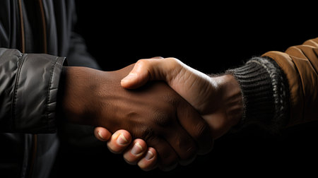 Close-up image of two black men shaking hands over dark backgroundの素材