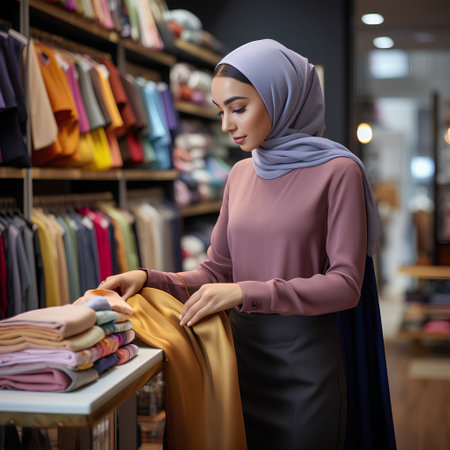 Beautiful muslim woman in hijab choosing clothes in clothing store.の素材