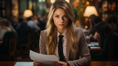 Portrait of a beautiful businesswoman with documents in a cafe.の素材