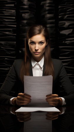 Portrait of a young business woman sitting at a table with documentsの素材