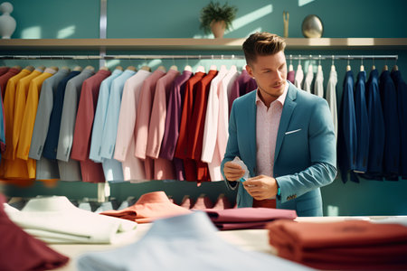 Handsome young man choosing clothes in a clothing store. Shopping concept.の素材