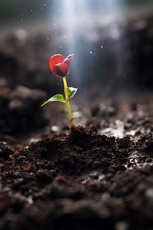 Little seedling illustrating concept of new life and beginning to come aliveの素材