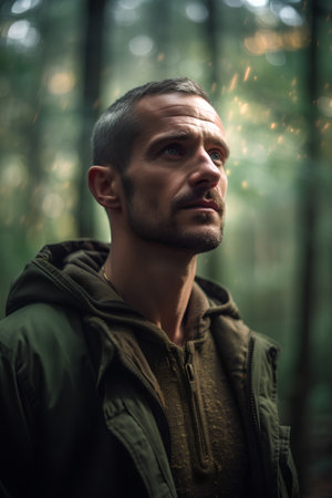 Portrait of a man in a green jacket in the forest.の素材