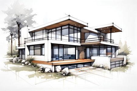 3d rendering of modern cozy house with garage and pool for sale or rent. Black line sketch on white background.の素材