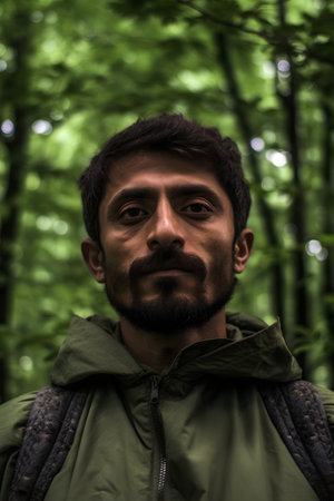 Portrait of a bearded man in a green jacket in the forestの素材
