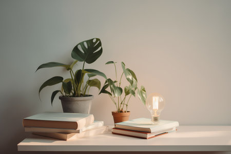 Books, lamp and houseplant on a white table. 3d renderingの素材