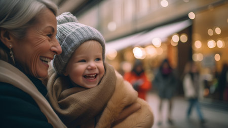 Happy grandmother with her granddaughter in a shopping mall. They are looking at the camera and smiling.の素材