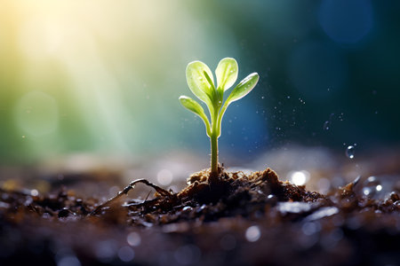 Close up of green seedling illustrating concept of new life and developmentの素材