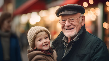 Portrait of a happy grandfather and his grandson on Christmas market.の素材