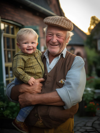 Portrait of a grandfather with his grandson in the village. Grandfather and grandson are smiling.の素材
