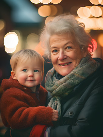 Portrait of a happy grandmother with her granddaughter at Christmas market.の素材
