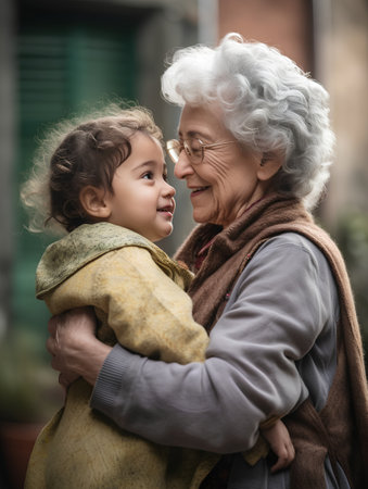 Portrait of a happy senior woman and her granddaughter looking at each otherの素材