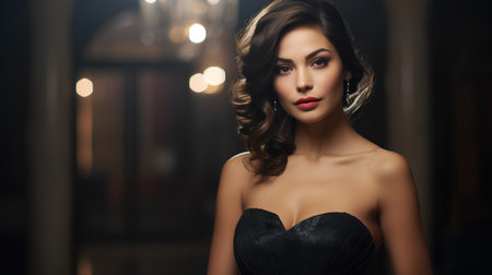 Portrait of beautiful young woman in black evening dress. Fashion photo.の素材