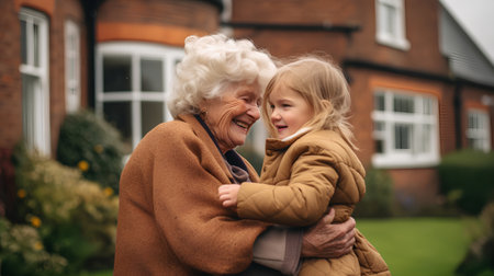 Grandmother with granddaughter in front of a country house. Happy family.の素材