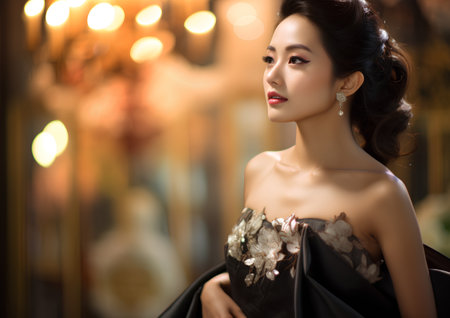 Portrait of a beautiful asian woman with black dress and earringsの素材