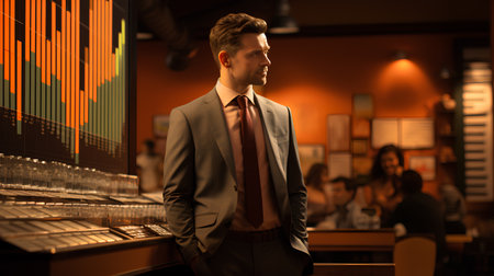 businessman in suit and tie standing in front of stock market chartの素材