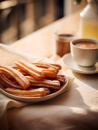 Churros and coffee on the table. Selective focus.の素材