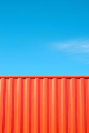 Red corrugated metal sheet on blue sky background. 3d renderingの素材