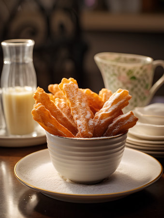 Traditional churros in a bowl with sugar on a wooden tableの素材