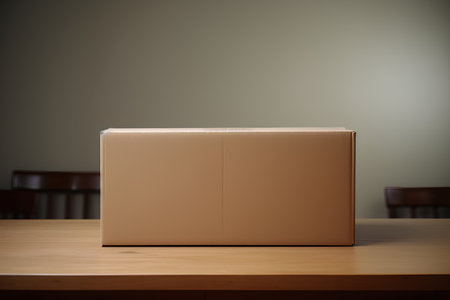 Brown cardboard box on a wooden table in a room with a blurred backgroundの素材