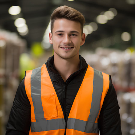 Portrait of a handsome warehouse worker smiling at the camera in a warehouseの素材
