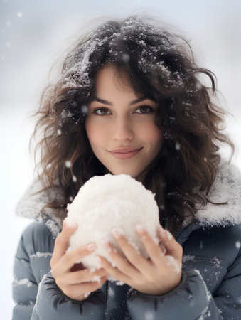 Portrait of young beautiful woman in winter clothes holding snow ball.の素材