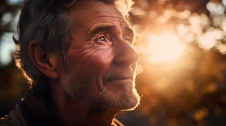 Portrait of a senior man in the autumn park at sunset.の素材