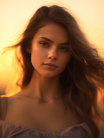 Portrait of a beautiful young woman with long hair in the rays of the setting sun.の素材