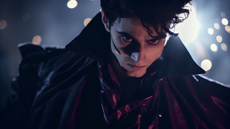 Portrait of a handsome young man in a dark raincoat.の素材