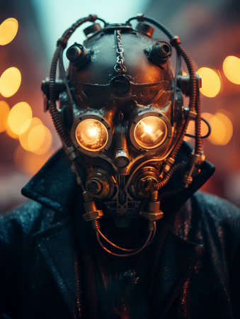 Portrait of a man in a gas mask on a blurred background.の素材