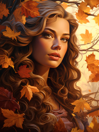 Autumn woman portrait with golden leaves. Stylish girl with long curly hair.の素材