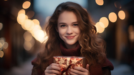 christmas, holidays, celebration and people concept - smiling young woman with gift box over lights backgroundの素材