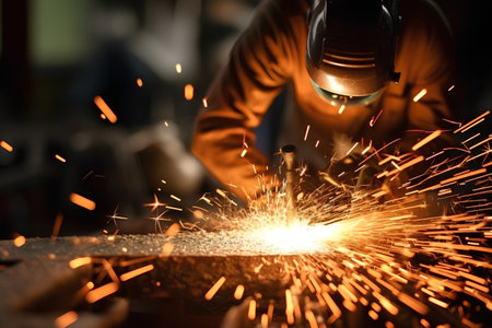 Sparks while welder uses torch to welding metal in factoryの素材