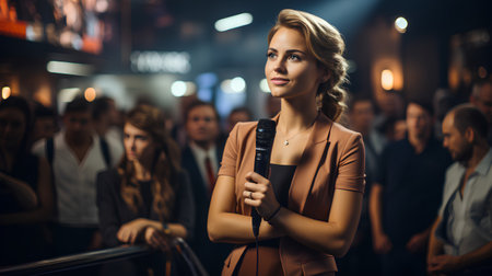 Portrait of a beautiful businesswoman with microphone in a conference hallの素材