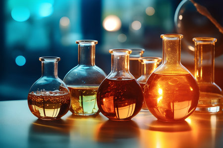 Laboratory glassware with colorful liquids. Science laboratory research and development concept.の素材