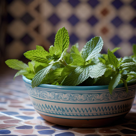 Fresh mint in a bowl on a wooden table. Selective focus.の素材