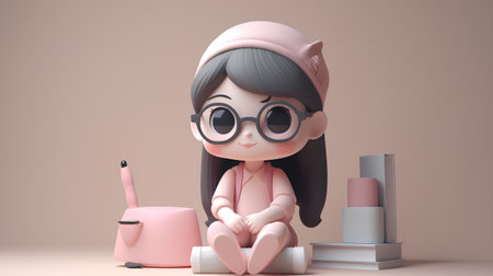 A cute girl is sitting in front of cosmetics. 3d rendering.の素材