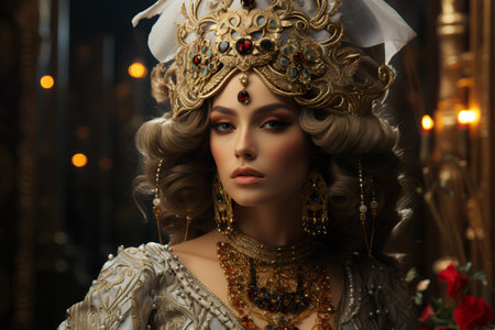 Portrait of a beautiful young woman in medieval costume. Luxury lifestyle.の素材