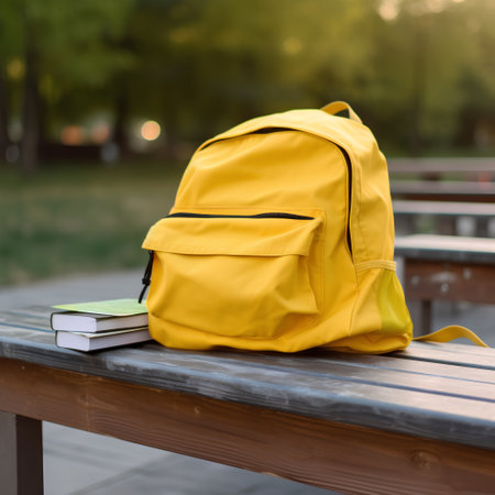 Yellow backpack and books on the bench in the park. Back to school concept.の素材