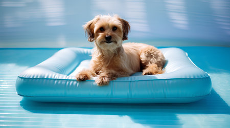 Cute little dog relaxing in inflatable ring in swimming pool.の素材