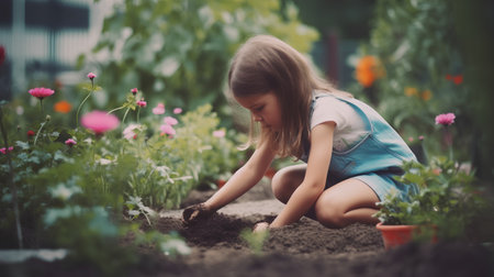 Cute little girl planting flowers in the garden. Selective focus.の素材