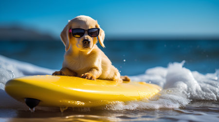 Cute golden retriever puppy in sunglasses with surfboard on the beach.の素材
