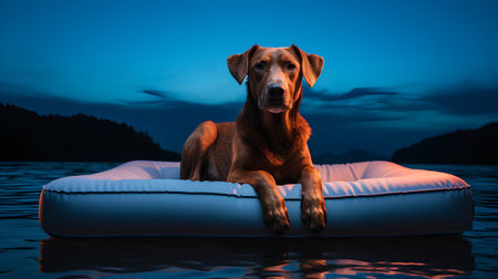 Dog on an inflatable ring in the lake. 3D renderingの素材