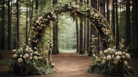 Wedding arch in the forest. Decorated with flowersの素材