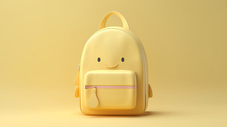 Yellow school backpack on a yellow background. 3d render illustration.の素材