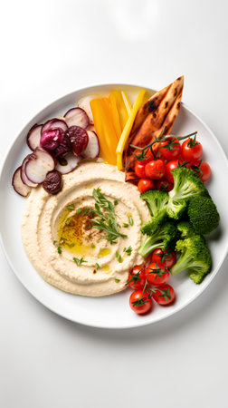 Hummus with fresh vegetables on white plate. Healthy food.の素材