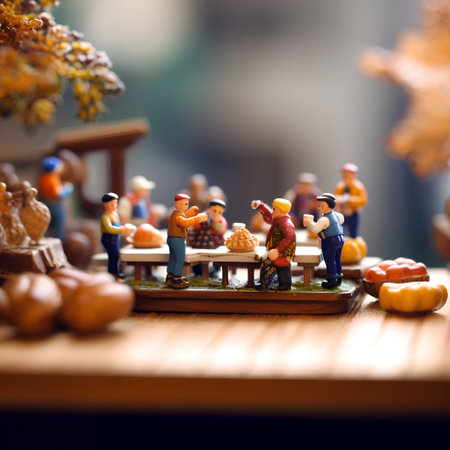 Miniature people : Happy family sitting on the table and having funの素材