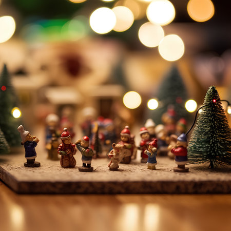 Christmas ornaments on wooden background with bokeh lights.の素材