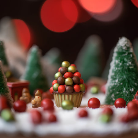 Christmas and New Year background with chocolate candies and Christmas tree. Selective focus.の素材